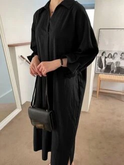 Women's Shirt Dress Casual Dress Cotton Linen Dress Maxi Long Dress Linen / Cotton Blend Basic Classic Outdoor Daily Vacation Shirt Collar Button Split Long Sleeve Spring Fall Autumn 2023 Loose Fit -HANA Luxury Wear Shop hlysby1692084357855