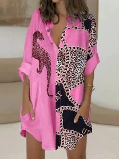 Women's Shirt Dress Casual Dress Mini Dress Winter Dress Daily Holiday Polyester Casual Shirt Collar Button Pocket Long Sleeve Summer Spring Fall 2022 Loose Fit White Pink Blue Leopard Floral -HANA Luxury Wear Shop hlyzzq1628230800769