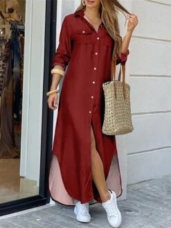 Women's Shirt Dress Casual Dress Maxi Long Dress Outdoor Daily Vacation Polyester Fashion Classic Shirt Collar Button Pocket Long Sleeve Spring Fall Winter 2023 Regular Fit Black Pink Wine Plain S M -HANA Luxury Wear Shop hmcqja1691648553017