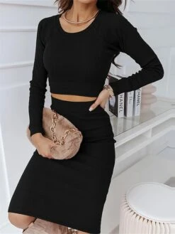 Women's Two Piece Dress Set Casual Dress Skirt Set Outdoor Daily Fashion Sexy Ribbed Midi Dress Crew Neck Long Sleeve Plain Regular Fit Black Wine Green Fall Winter S M L XL -HANA Luxury Wear Shop hmdnfk1695268225755