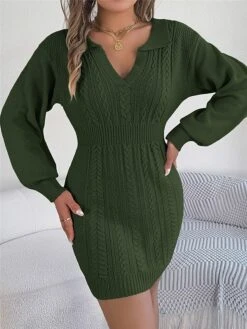 Women's Sweater Dress Winter Dress Jumper Dress Mini Dress Warm Pure Color Outdoor Casual Holiday Vacation V Neck Long Sleeve 2023 Regular Fit Pink Burgundy Green S M L -HANA Luxury Wear Shop hmdqkm1696926498722