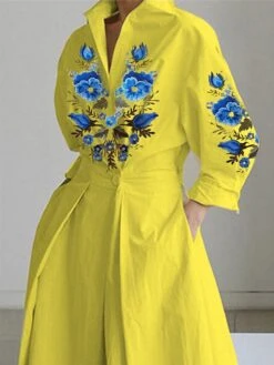 Women's Shirt Dress Casual Dress Swing Dress Maxi Long Dress Outdoor Daily Vacation Polyester Fashion Modern Shirt Collar Button Pocket Long Sleeve Summer Spring Fall 2023 Loose Fit Black Yellow -HANA Luxury Wear Shop hmfmew1691045110706