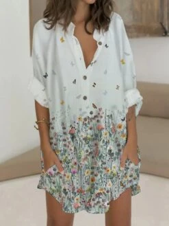 Women's Shirt Dress Casual Dress Shift Dress Mini Dress Outdoor Date Vacation Polyester Fashion Modern V Neck Button Pocket 3/4 Length Sleeve Summer Spring 2023 Regular Fit White Pink Blue Bird Flower -HANA Luxury Wear Shop hogwra1676969402736