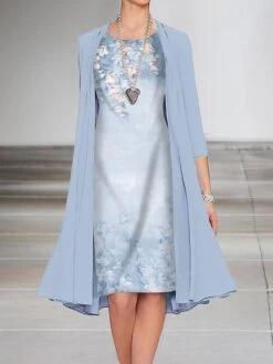 Women's Dress Set Two Piece Dress A Line Dress Midi Dress Pink Blue Green 3/4 Length Sleeve Floral Ruched Fall Winter Autumn Crew Neck Elegant 2023 S M L XL XXL 3XL