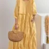 Women's Casual Dress Cotton Linen Dress Midi Dress Linen / Cotton Blend Basic Classic Outdoor Daily Vacation Crew Neck Ruched 3/4 Length Sleeve Fall Autumn 2023 Loose Fit Yellow Blue Plain M L XL 2XL -HANA Luxury Wear Shop hordnh1693226283616