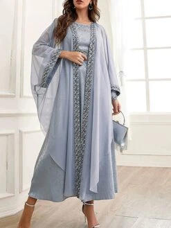Women's Two Piece Dress Set Party Dress Sheath Dress Party Wedding Guest Fashion Party Embroidered Long Dress Maxi Dress Crew Neck Long Sleeve Print Regular Fit Gray Fall Winter S M L XL -HANA Luxury Wear Shop hoxpsy1695105967741