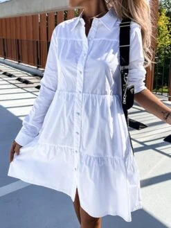 Women's Shirt Dress Casual Dress Swing Dress Midi Dress Outdoor Daily Vacation Cotton Basic Modern Shirt Collar Ruffle Button Long Sleeve Fall Winter 2023 Regular Fit ArmyGreen Black White Pure Color -HANA Luxury Wear Shop hpjusl1695813925427