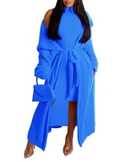 Women's Two Piece Dress Set Casual Dress Sheath Dress Daily Going Out Fashion Streetwear Lace Up Midi Dress Stand Collar Long Sleeve Plain Slim Black Yellow Wine Fall Winter S M L XL XXL -HANA Luxury Wear Shop hpofwf1693295543923