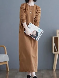 Women's Casual Dress Cotton Linen Dress T Shirt Dress Tee Dress Midi Dress Polyester Basic Classic Outdoor Daily Vacation Crew Neck Pocket 3/4 Length Sleeve Fall Autumn 2023 Loose Fit ArmyGreen Black -HANA Luxury Wear Shop hpshto1693366313076