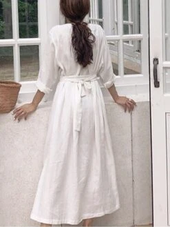 Women's Cotton Linen Dress Loose White Dress Maxi Long Dress Linen Cotton Blend Casual V Neck Puff Sleeve Tie Belt Half Sleeve Summer Spring 2022 Regular Fit Black White Pure Color S M L XL -HANA Luxury Wear Shop hpxkxc1624953483308