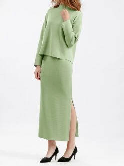 Women's Two Piece Dress Set Casual Dress Skirt Set Outdoor Daily Fashion Streetwear Split Ribbed Midi Dress Turtleneck Long Sleeve Plain Loose Fit Black Light Green Blue Fall One-Size -HANA Luxury Wear Shop hqbffp1693278284244