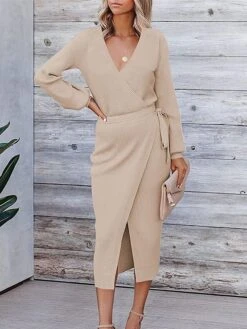 Women's Sweater Dress Jumper Dress Casual Dress Midi Dress Warm Pure Color Outdoor Casual Daily Going Out V Neck Long Sleeve Lace Up 2023 Slim Black White Green S M L XL XXL 3XL -HANA Luxury Wear Shop hqncha1695030475867