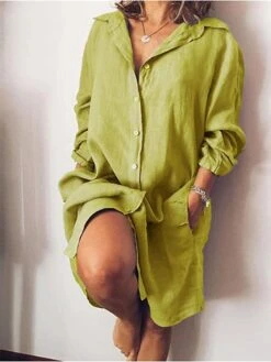 Women's Shirt Dress Casual Dress Shift Dress Midi Dress Outdoor Winter Dress Office Polyester Basic Casual Shirt Collar Button Pocket Long Sleeve Summer Spring Fall 2023 Loose Fit Black White Yellow -HANA Luxury Wear Shop hqqmtv1645605743670
