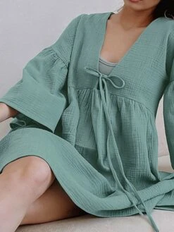Women's Casual Dress Cotton Linen Dress Mini Dress Cotton Daily Basic Outdoor Home Daily V Neck Ruched Button 3/4 Length Sleeve Fall Autumn 2023 Loose Fit Navy Blue Blue Purple Plain S M L -HANA Luxury Wear Shop hqtfjd1692936381995