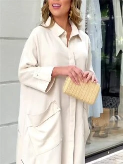 Women's Shirt Dress Casual Dress Shift Dress Midi Dress Outdoor Office Business Polyester Basic Modern Shirt Collar Button Pocket 3/4 Length Sleeve Summer Spring Fall 2023 Loose Fit White Plain S M L -HANA Luxury Wear Shop hriqsi1683540647424