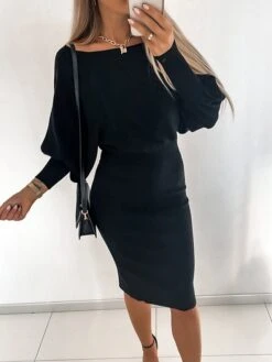 Women's Sweater Dress Winter Dress Jumper Dress Midi Dress Ruched Street Daily Going Out Fashion Streetwear Crew Neck Long Sleeve 2023 Regular Fit Black Khaki Gray Color S M L XL XXL Size -HANA Luxury Wear Shop hrodbm1692083474422