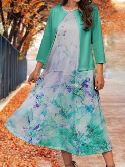 Women's Two Piece Dress Set Casual Dress Swing Dress Outdoor Office Fashion Streetwear Print Midi Dress Crew Neck 3/4 Length Sleeve Floral Ombre Regular Fit Pink Blue Purple Fall Winter S M L XL XXL -HANA Luxury Wear Shop hruylv1697782928647