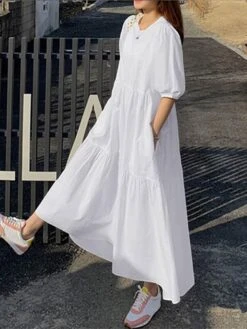 Women's Casual Dress Cotton Linen Dress Swing Dress Maxi Long Dress Cotton Blend Basic Casual Outdoor Daily Holiday Crew Neck Ruched Pocket Half Sleeve Summer Spring 2023 Loose Fit Black White Red -HANA Luxury Wear Shop hslevg1657768776591