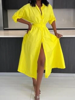 Women's Shirt Dress Casual Dress Swing Dress Midi Dress Outdoor Daily Vacation Polyester Fashion Casual Shirt Collar Patchwork Button Long Sleeve Fall Winter 2023 Loose Fit Yellow Pink Plain S M L XL -HANA Luxury Wear Shop hsmwre1697526636736