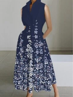 Women's Shirt Dress Casual Dress Maxi Long Dress Outdoor Office Business Polyester Fashion Modern Shirt Collar Button Pocket Sleeveless Summer Spring 2023 Regular Fit White Pink Blue Floral S M L XL -HANA Luxury Wear Shop hszeon1689850640313