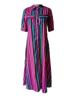 Women's Shirt Dress Casual Dress Swing Dress Maxi Long Dress Outdoor Daily Vacation Polyester Basic Casual Shirt Collar Pocket Split Half Sleeve Summer Spring 2023 Loose Fit Red Blue Purple Striped S -HANA Luxury Wear Shop htbyjt1673848919867