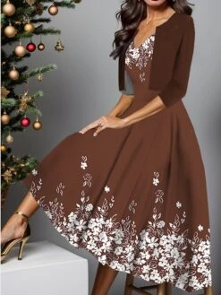 Women's Two Piece Dress Set Casual Dress Swing Dress Outdoor Daily Fashion Elegant Print Midi Dress V Neck Half Sleeve Floral Regular Fit Black Royal Blue Blue Fall Winter S M L XL XXL -HANA Luxury Wear Shop htdooh1697424508429