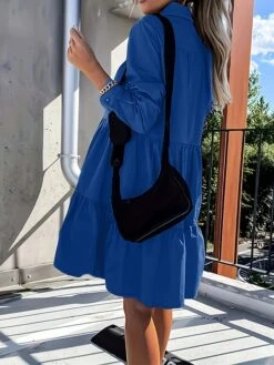 Women's Shirt Dress Casual Dress Swing Dress Midi Dress Outdoor Daily Vacation Cotton Basic Modern Shirt Collar Ruffle Button Long Sleeve Fall Winter 2023 Regular Fit ArmyGreen Black White Pure Color -HANA Luxury Wear Shop htoqxy1695813919639