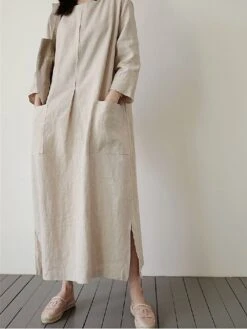 Women's Casual Dress Cotton Linen Dress Maxi Long Dress Linen / Cotton Blend Basic Classic Outdoor Daily Vacation Crew Neck Pocket Split 3/4 Length Sleeve Spring Fall Autumn 2023 Loose Fit Red Apricot -HANA Luxury Wear Shop humggy1692872469356