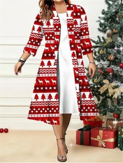 Women's Plus Size Two Piece Dress Set Casual Dress Swing Dress Outdoor Office Fashion Streetwear Print Midi Dress Crew Neck 3/4 Length Sleeve Geometric Deer Regular Fit White Wine Red Fall Winter L -HANA Luxury Wear Shop huqpsp1696907468643