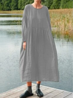 Women's Cotton Linen Dress Midi Dress Linen Cotton Blend Basic Daily Crew Neck Splice Basic Long Sleeve Spring Fall 2023 Loose Fit Light Pink ArmyGreen Black Plain S M L XL 2XL -HANA Luxury Wear Shop huwovs1695283950290