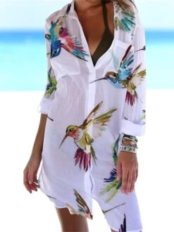 Women‘s Shirt Dress Cover Up Beach Dress Beach Wear Mini Dress Pocket Print Fashion Casual Floral Turndown 3/4 Length Sleeve Loose Fit Outdoor Daily White Yellow 2023 Spring Summer S M L XL -HANA Luxury Wear Shop hvlawl1675938180291