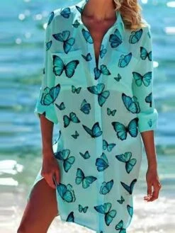 Women's Shirt Dress Beach Dress Beach Wear Mini Dress Button Pocket Fashion Casual Butterfly Turndown 3/4 Length Sleeve Loose Fit Outdoor Daily Black Green 2023 Spring Summer S M L XL