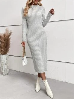 Women's Sweater Dress Winter Dress Jumper Dress Midi Dress Ribbed Outdoor Work Street Fashion Modern Crew Neck Long Sleeve 2023 Slim Light Grey Color S M L XL Size -HANA Luxury Wear Shop hwibgt1694594776553