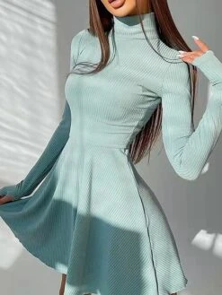 Women's Sweater Dress Jumper Dress Casual Dress Mini Dress Fashion Pure Color Outdoor Daily Vacation Going Out Turtleneck Long Sleeve Patchwork 2023 Loose Fit Pink Blue Brown S M L -HANA Luxury Wear Shop hwxaxs1695643856052