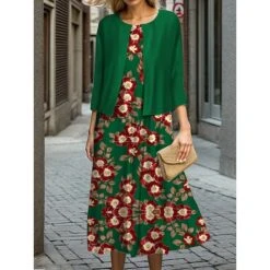 Women's Two Piece Dress Set Casual Dress Swing Dress Outdoor Office Fashion Streetwear Print Midi Dress Crew Neck 3/4 Length Sleeve Floral Regular Fit Red Green Fall Winter S M L XL XXL -HANA Luxury Wear Shop hwzuei1695644969941