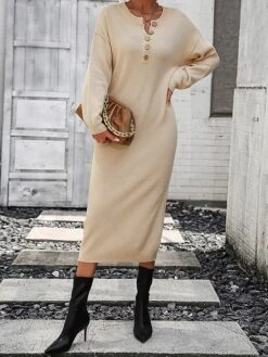 Women's Sweater Dress Winter Dress Jumper Dress Midi Dress Button Daily Date Going Out Fashion Basic Crew Neck Long Sleeve 2023 Loose Fit Black White Purple Color S M L XL Size -HANA Luxury Wear Shop hxixft1691991581515