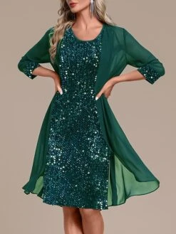Women's Two Piece Dress Set Party Dress Sequin Dress Party Wedding Guest Fashion Elegant Patchwork Sequin Midi Dress Crew Neck Long Sleeve Plain Regular Fit Green Fall Winter S M L XL XXL -HANA Luxury Wear Shop hxtfnj1695370014286