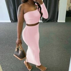 Women's Dress Set Two Piece Dress Skirt Set Long Dress Maxi Dress Black White Pink Long Sleeve Pure Color Cold Shoulder Summer Spring One Shoulder Stylish Winter Dress Fall Dress 2023 S M L -HANA Luxury Wear Shop hxyqhk1640164792323