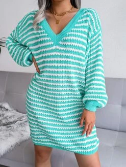 Women's Sweater Dress Jumper Dress Casual Dress Mini Dress Active Multicolor Outdoor Casual Daily Holiday V Neck Long Sleeve Patchwork 2023 Loose Fit Pink Blue Khaki S M L -HANA Luxury Wear Shop hyejcu1692947774173