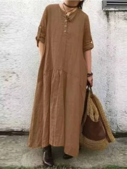 Women's Casual Dress Cotton Linen Dress Black Dress Maxi Long Dress Cotton Blend Basic Casual Outdoor Daily V Neck Button Pocket Long Sleeve Summer Spring Fall 2023 Loose Fit ArmyGreen Navy Blue Khaki -HANA Luxury Wear Shop hytcpz1678778567055