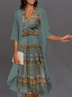 Women's Two Piece Dress Set Casual Dress Chiffon Dress Outdoor Daily Vintage Ethnic Knot Front Print Midi Dress V Neck 3/4 Length Sleeve Floral Tribal Regular Fit Black Blue Purple Fall Winter S M L