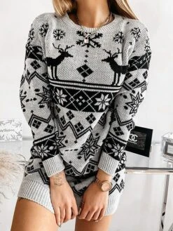 Women‘s Christmas Sweater Dress Jumper Dress Winter Dress Fashion Ugly Christmas Christmas Daily Vacation Going Out Crew Neck Long Sleeve Patchwork 2023 Loose Fit Black Wine Gray S M L -HANA Luxury Wear Shop hywtua1694602203898