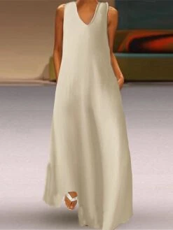 Women's Casual Dress Cotton Linen Dress Swing Dress Maxi Long Dress Cotton Blend Basic Modern Outdoor Daily Vacation V Neck Basic Sleeveless Summer Spring 2023 Regular Fit Black Wine Khaki Plain S M -HANA Luxury Wear Shop hzehvt1686038681752