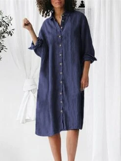Women's Shirt Dress Casual Dress Cotton Linen Dress Midi Dress Linen / Cotton Blend Basic Classic Outdoor Daily Vacation Shirt Collar Button Long Sleeve Spring Fall Autumn 2023 Loose Fit ArmyGreen -HANA Luxury Wear Shop hzfslw1692267143459