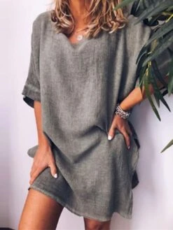 Women's Cotton Linen Dress A Line Dress Mini Dress Cotton Blend Casual Comfort Home Daily Crew Neck Rolled Cuff Half Sleeve Summer Spring Loose Fit White Pink Blue Pure Color S M L XL 2XL -HANA Luxury Wear Shop iacbep1654067366106