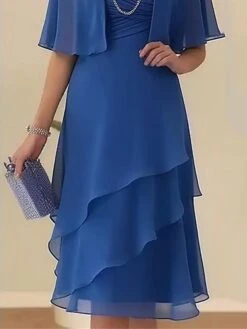 Women's Two Piece Dress Set Casual Dress Chiffon Dress Outdoor Office Elegant Modern Layered Midi Dress V Neck Half Sleeve Plain Regular Fit Blue Summer Spring M L XL XXL 3XL -HANA Luxury Wear Shop iahhon1684900939511