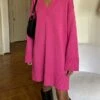 Women's Sweater Dress Jumper Dress Casual Dress Midi Dress Warm Pure Color Outdoor Casual Daily Going Out V Neck Long Sleeve 2023 Loose Fit Black Rose Red S M L -HANA Luxury Wear Shop ibfafs1694586604890
