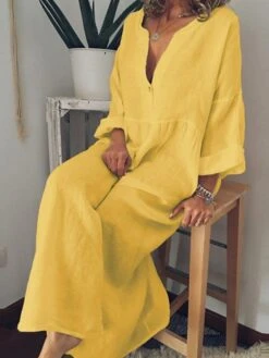 Women‘s Casual Dress Shirt Dress Cotton Dress Shift Dress Maxi Long Dress Cotton Casual Winter Dress Daily Holiday Split Neck Button Rolled Cuff Long Sleeve Spring Fall Winter 2023 Loose Fit -HANA Luxury Wear Shop ibolwx1686202440846