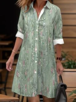 Women's Shirt Dress Casual Dress Midi Dress Outdoor Daily Date Polyester Fashion Modern Shirt Collar Button Pocket Long Sleeve Fall Winter 2023 Loose Fit Yellow Pink Dark Pink Floral Striped S M L XL -HANA Luxury Wear Shop ibomiz1695204761216