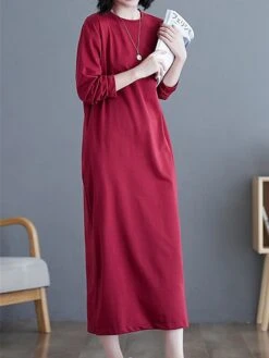 Women's Casual Dress Cotton Linen Dress T Shirt Dress Tee Dress Midi Dress Polyester Basic Classic Outdoor Daily Vacation Crew Neck Pocket 3/4 Length Sleeve Fall Autumn 2023 Loose Fit ArmyGreen Black -HANA Luxury Wear Shop ibruyd1693366308444